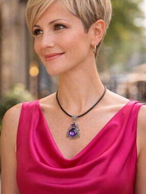 Artisan Amethyst Pendant – Large Natural Stones – Ornate Scroll Design pre-owned